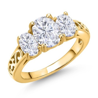 3-Stone Gemstone Birthstone Filigree Ring for Women | 18K Yellow Gold Plated