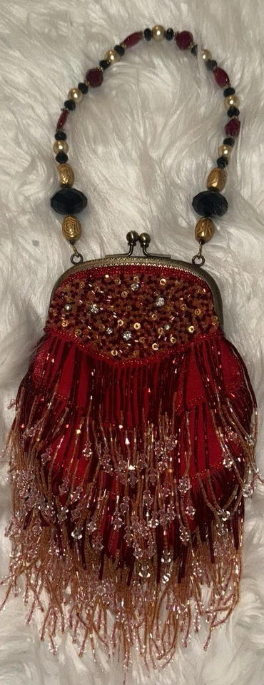 Bolso de noche vintage Caroline día cuentas flecos lentejuelas pedrería rojo nuevo Foto 2 de 4