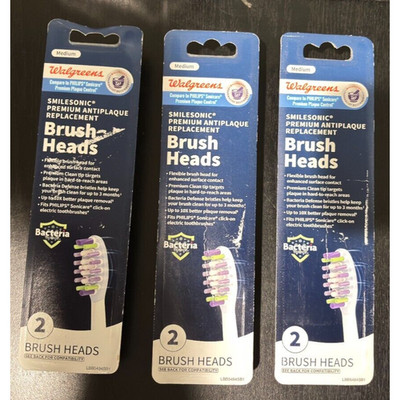 3 Walgreens Smilesonic Premium Anti Plaque Replacement Brush Heads(6 Total)