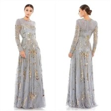 Mac Duggal Platinum Gold Long Sleeve Embellished Illusion Gown Dress Size 8 598
