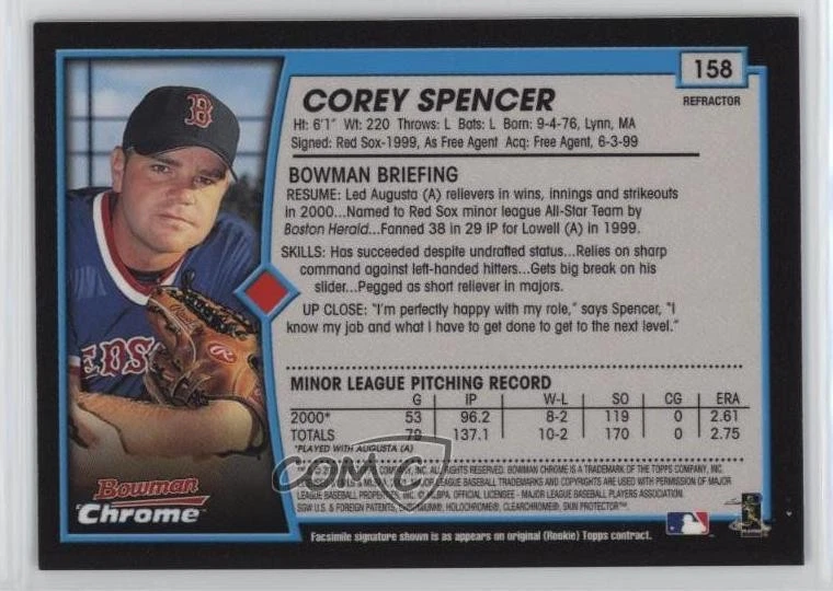 2001 Bowman Chrome Rookie Refractors Corey Spencer #158 Rookie RC - Image 2 of 2