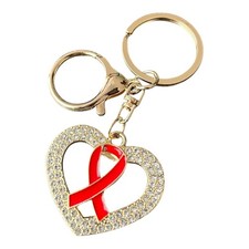 Women's Gold Red Crystal Heart Awareness Ribbon Charm Key Chain 3.5"
