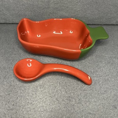 Clay Art Chili Pepper Salsa Server with Spoon Ceramic Serveware
