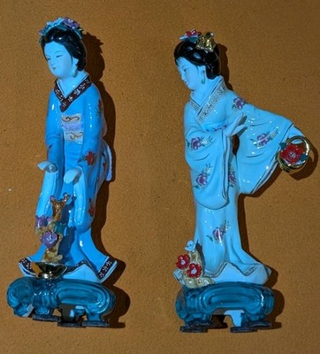 VTG Pair Japanese Hand Painted Porcelain GEISHA Statues Figurines Gold Gilt 12 