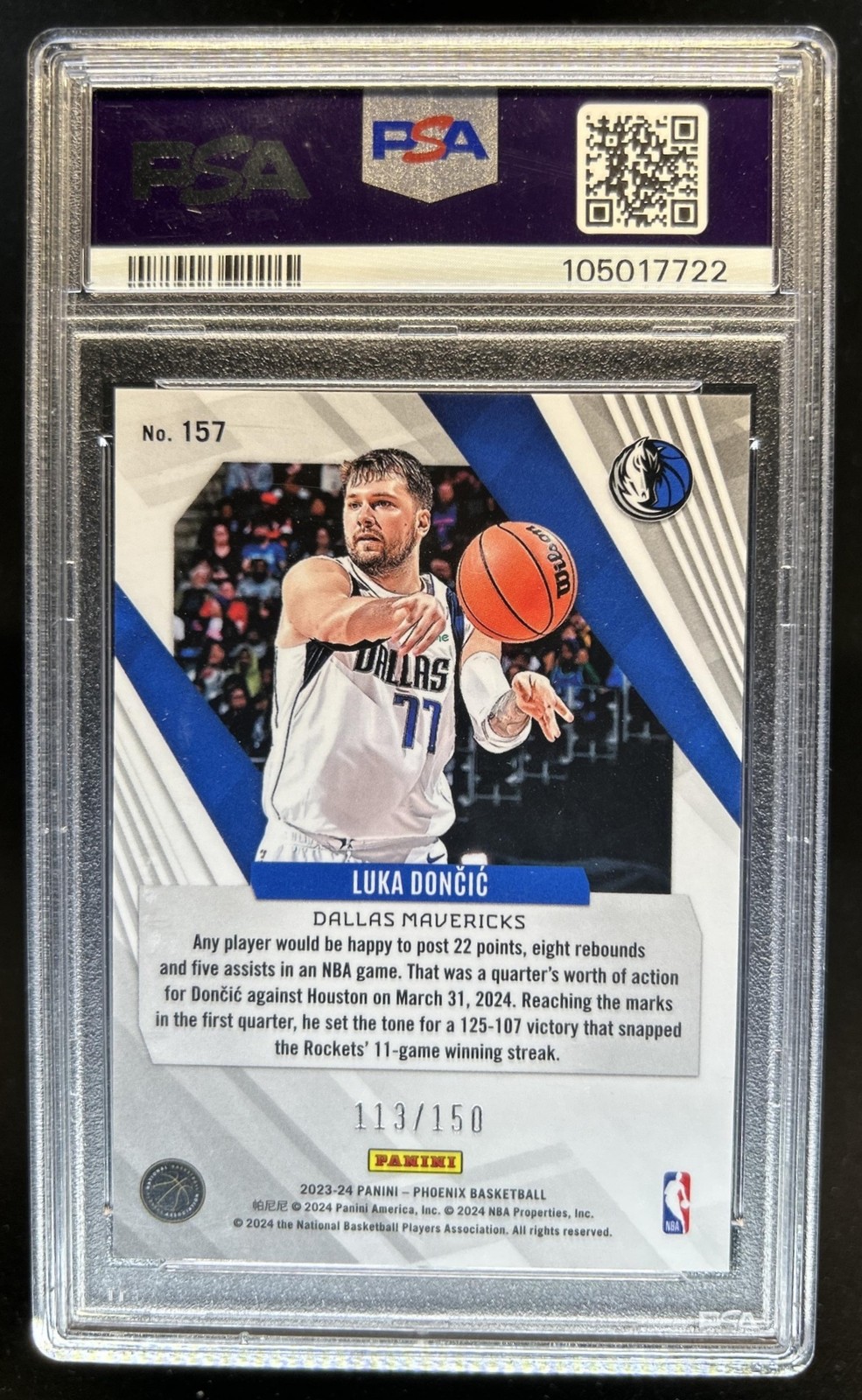 2023-24 Panini Phoenix Luka Doncic Purple #/150 Mavericks PSA 9 view 2