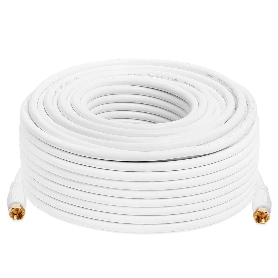 Long F-Type Coaxial Cable 75 100 Feet A/V Satellite Coax Cord Antenna Wire White - Image 4 of 4