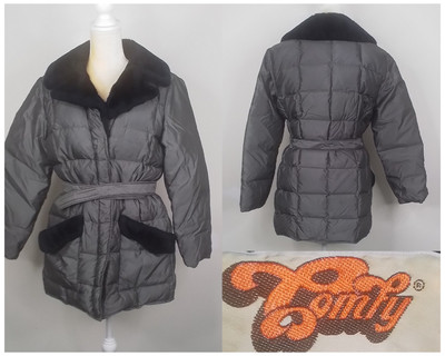 Vintage 1970s Comfy Down Jacket Faux Fur Collar Women's L Black #J2521