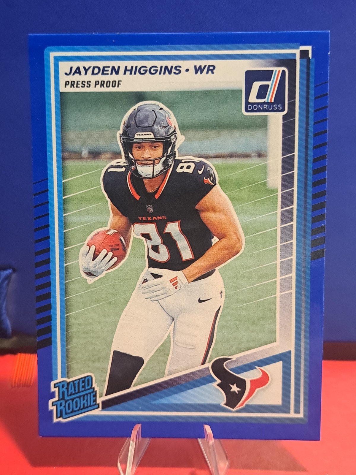 2025 Donruss Rated Rookie Jayden Higgins Blue Press Proof Houston Texans