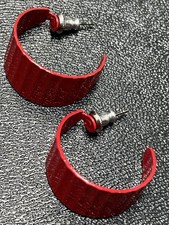 Vintage Red Wavy Enameled Metal Retro Hoop Earrings