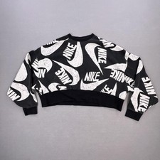 Nike Sweatshirt Womens Large Black Allover Swoosh Crop Crewneck Fleece Pullover