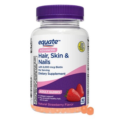 Equate Hair Skin & Nails Biotin 6000 Mcg Vitamins Strawberry Flavor, 90 Gummies