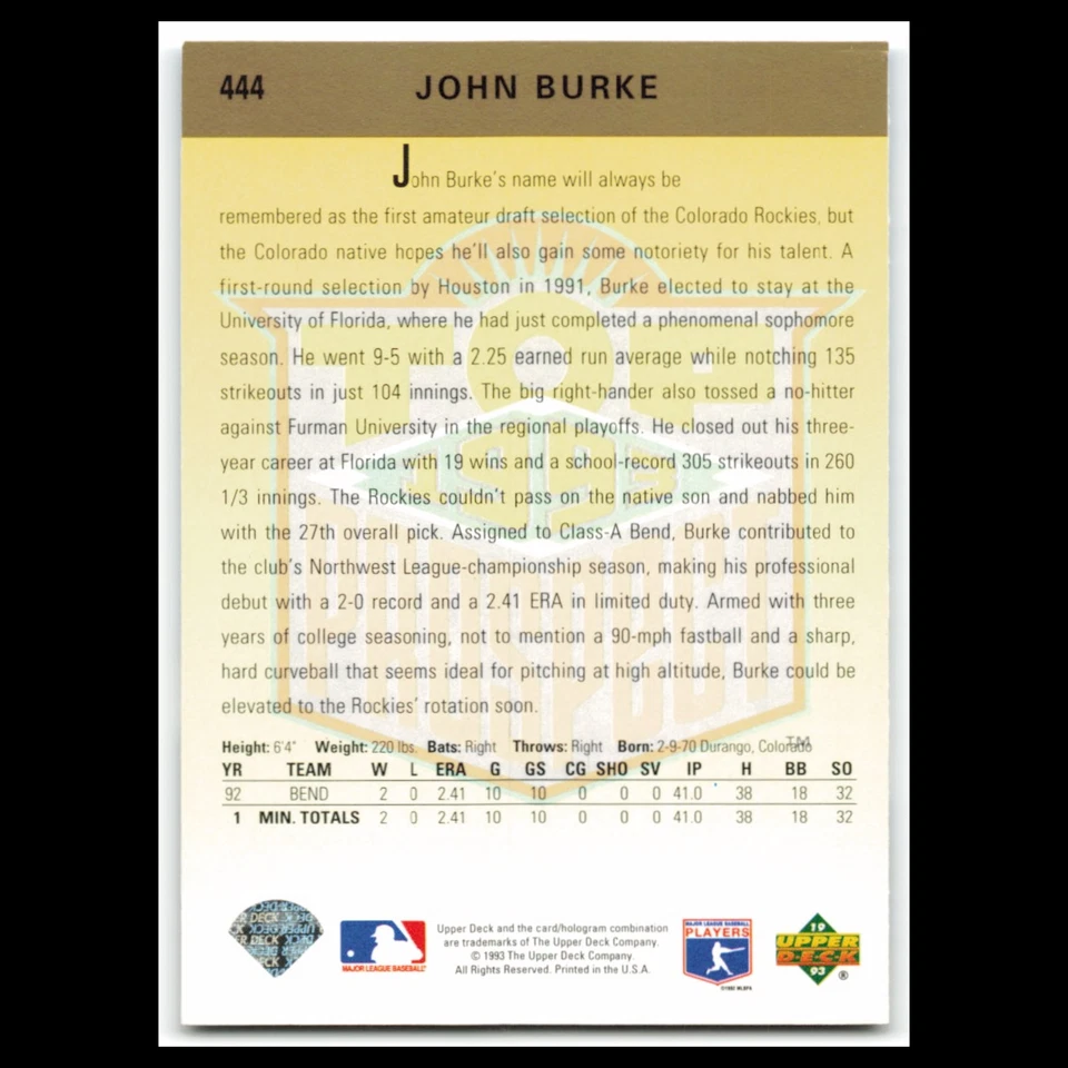 John Burke Rookie #444 1993 Upper Deck Colorado Rockies Baseball Card MLB NM - Image 2 of 3