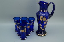 Böhmen schönes altes Set Karaffe mit 6 Gläsern kobaltblau Golddekor