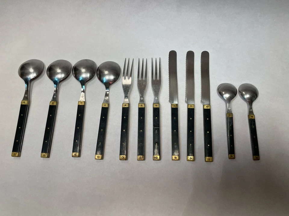 Französisches Besteck Vintage Schwarz Mit Messing, Edelstahl  - Bild 4 von 4