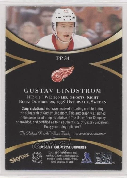 2020-21 Skybox Metal Universe Star Emeralds /10 Gustav Lindstrom Rookie Auto RC - Image 2 of 2