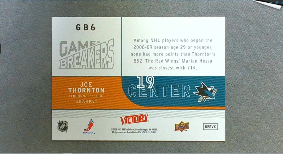 2009-10 Upper Deck Victory Game Breakers #6 Joe Thornton Sharks - Image 2 of 2