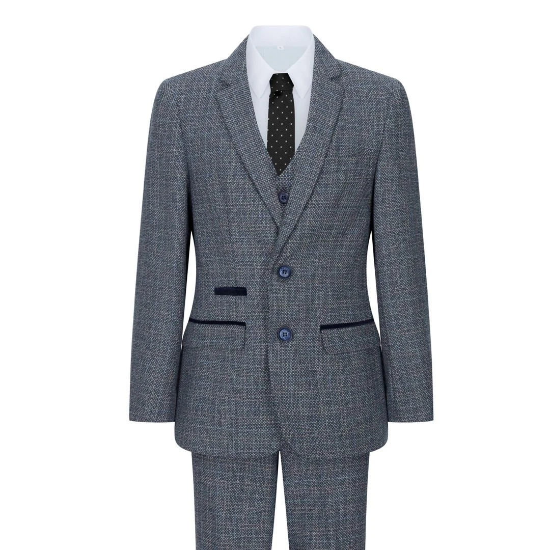 Boys 3 Piece Suit Navy Blue Tweed Check Vintage Retro Tailored Fit