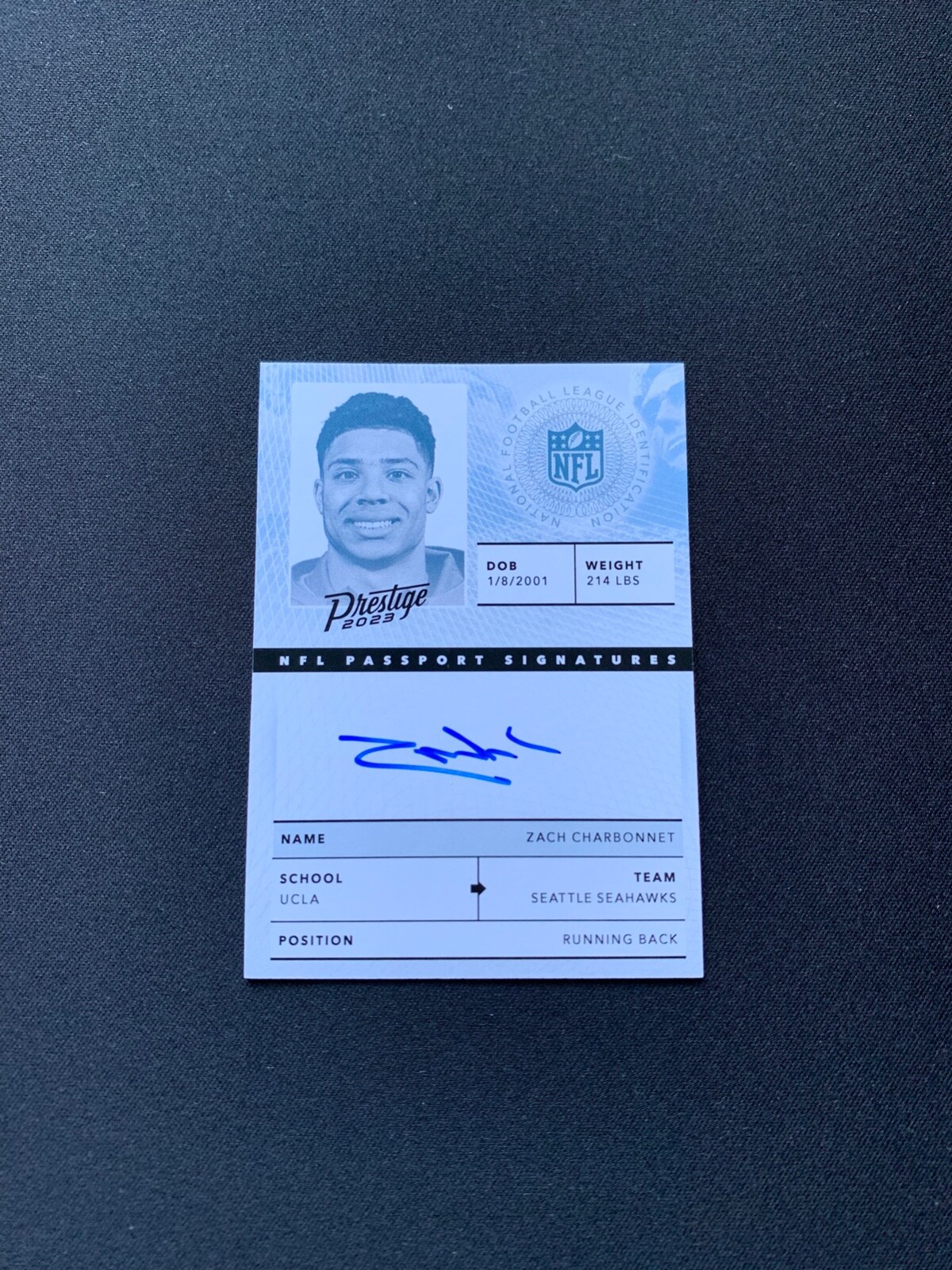 2023 Prestige Football #NPS-ZC Zach Charbonnet NFL Passport Signatures Auto
