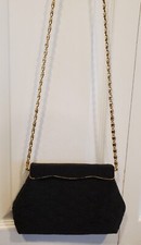 VINTAGE 40'S ELSIE TU HONG KONG BLACK BEADED 10"X7" EVENING BAG W/GOLDTONE CHAIN