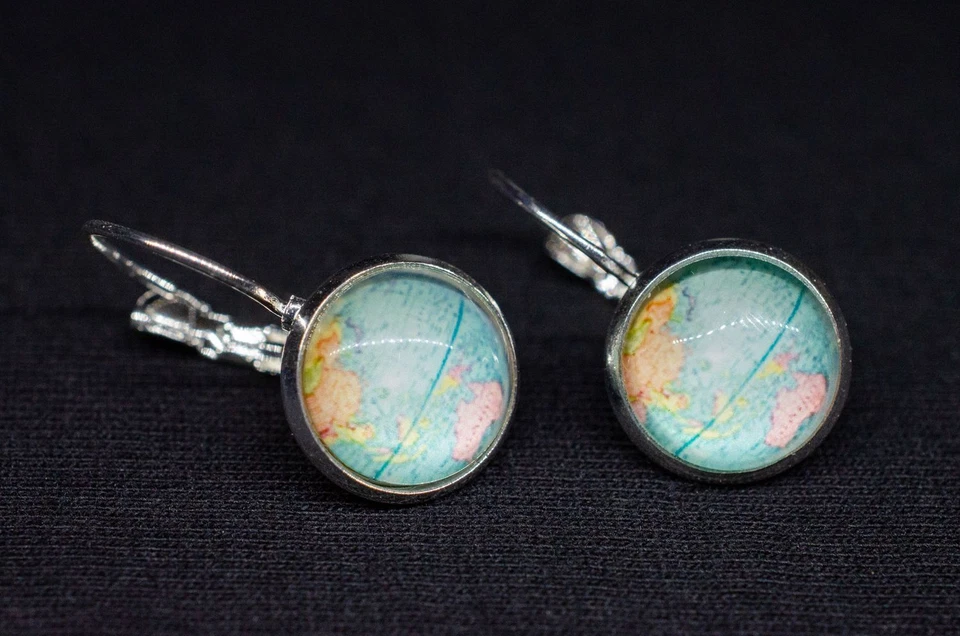 Cabochon Ohrringe Globus Miniblings Stecker Weltkarte Erde Kawaii Landkarte Blau - Bild 4 von 4