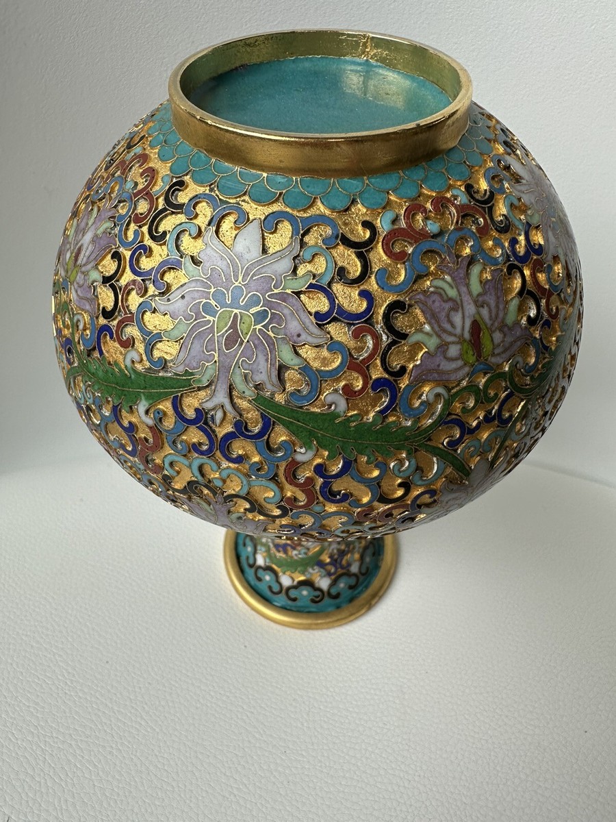 Antique Vintage Large Chinese Brass Cloisonné Enamel Vase