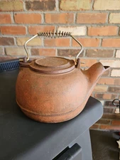 Antique Primitive Cast Iron Kettle Fireplace Decor Wire Handle Water Kettle