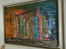 Quadro astratto dipinto a mano con colori acrilici - Skyline infantile 1