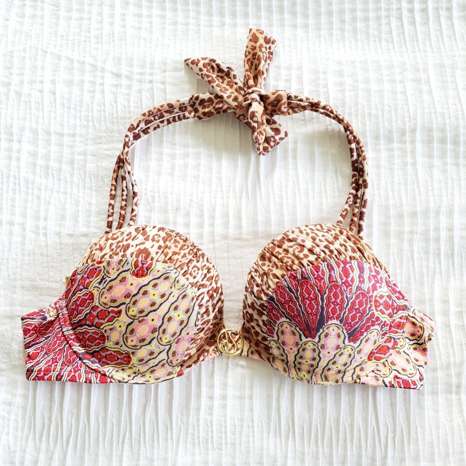 Victorias Secret Swim BOMBSHELL Add-2-Cup BIKINI Top 32A Leopard Red Paisley 5ZB - Image 2 of 4