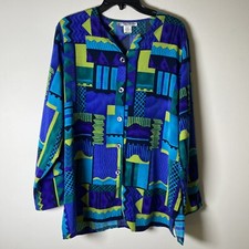 Rebecca Malone Geometric Button-Up Blouse Vibrant Multicolor Size L Made in USA
