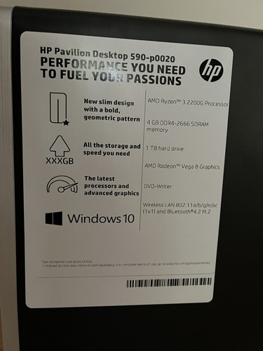HP Pavilion Desktop Computer, AMD Ryzen 3 2200G, 4GB RAM, 1TB Hard Drive, Win 10 - Picture 5 of 7