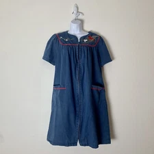 GO SOFTLY Womens Sundress S  Patio House Denim Red Robbin  Cotton Embroidered