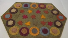 Primitive Wool Applique Fall Leaves Layered Pennies Penny Rug Candle Table Mat