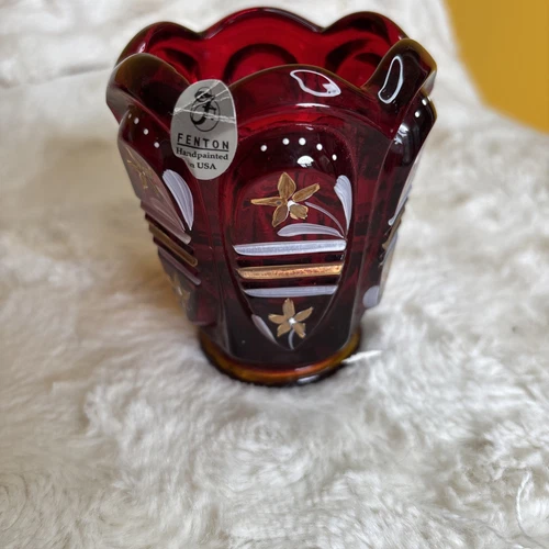 Fenton Art Glass Ruby Red Hand Painted Candle Holder|UV Reactive Cadmium Glow