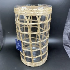 Mark Sikes Anthropologie Glass Hurricane Vase with a Woven Rattan Sleeve W Tag