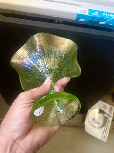 Northwood Carnival Glass Ice Green Hearts & Flowers Compote - Picture 7 of 11
