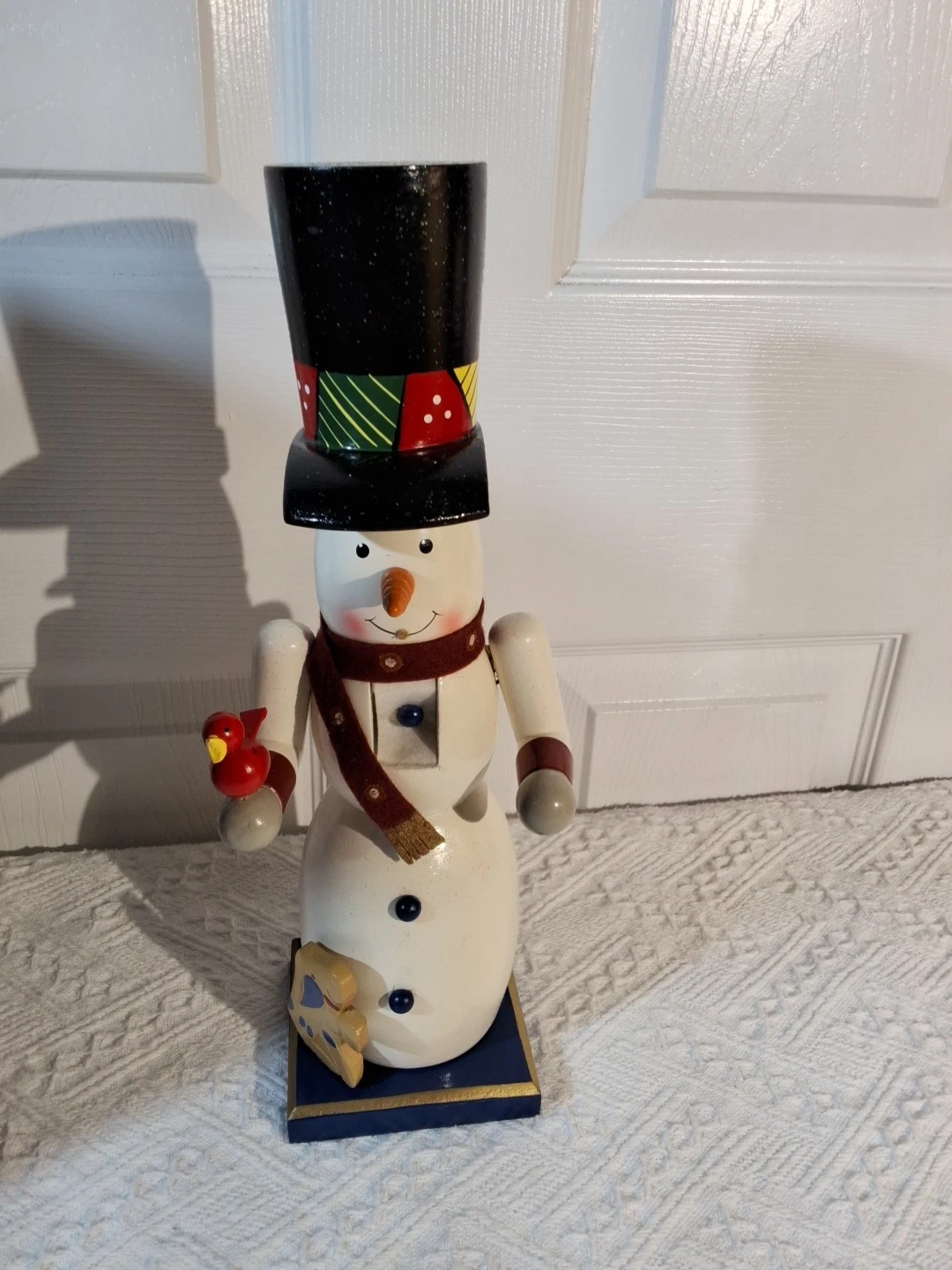 Snowman Nutcracker Wood Holding Red Bird 13in