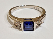 9ct White Gold Square 0.5ct Sapphire and 0.15ct Diamond Ring. Size O. VGC