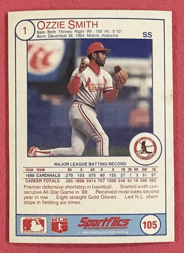 1989 Sportflics Ozzie Smith St. Louis Cardinals #105 Baseball Card HOF TL65 - Image 3 of 3