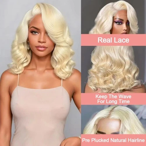 Peruca de renda loira 613 cabelo humano onda corporal 13X6 curta Bob HD 16 polegadas - Imagem 4 de 4
