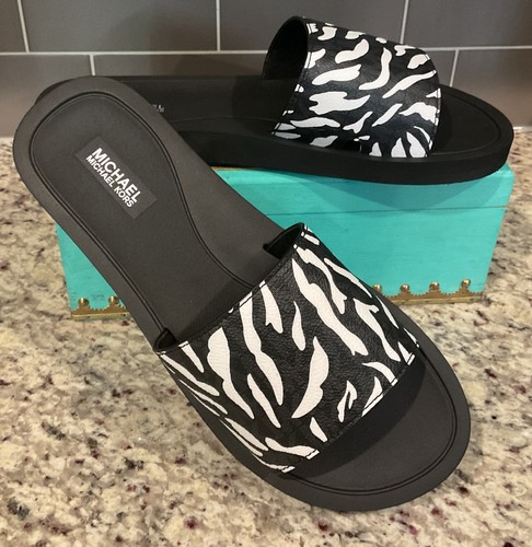 MICHAEL KORS Women’s Sz 8 M FELICIA SLIDE 45T5FCFA1B Black Multi NEW