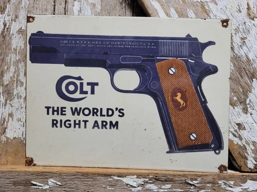 VINTAGE COLT PORCELAIN SIGN OLD FIREARM GUN HANDGUN RIFLE AMMUNITION HORSE AMMO