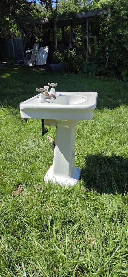 Vintage Antique American Standard Porcelain Pedestal Bathroom Sink with Hardware - Image 3 of 4