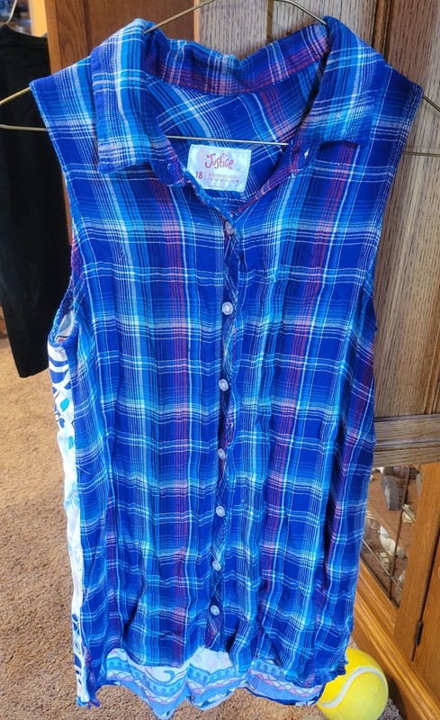 Justice, Girl's Size 18, Blue Plaid Shirt on Front, Floral Print on Back