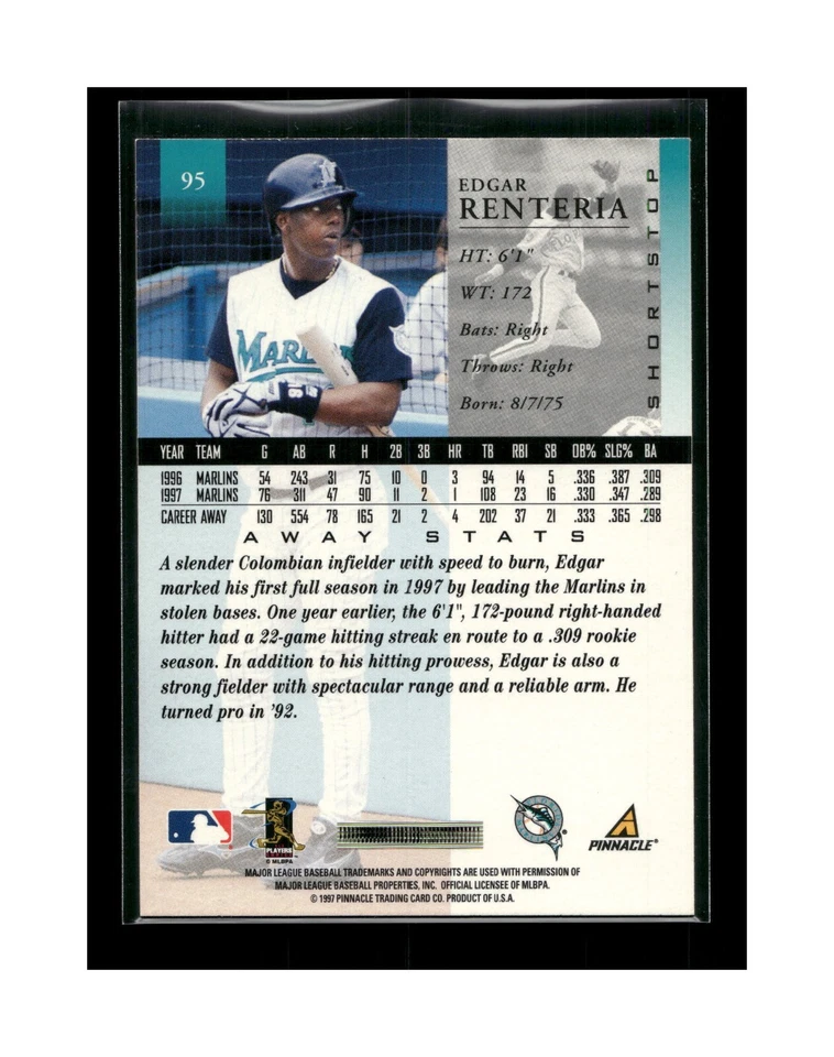 1998 Pinnacle Away Statistics Back Marlins Baseball Card #95 Edgar Renteria - Image 2 of 2