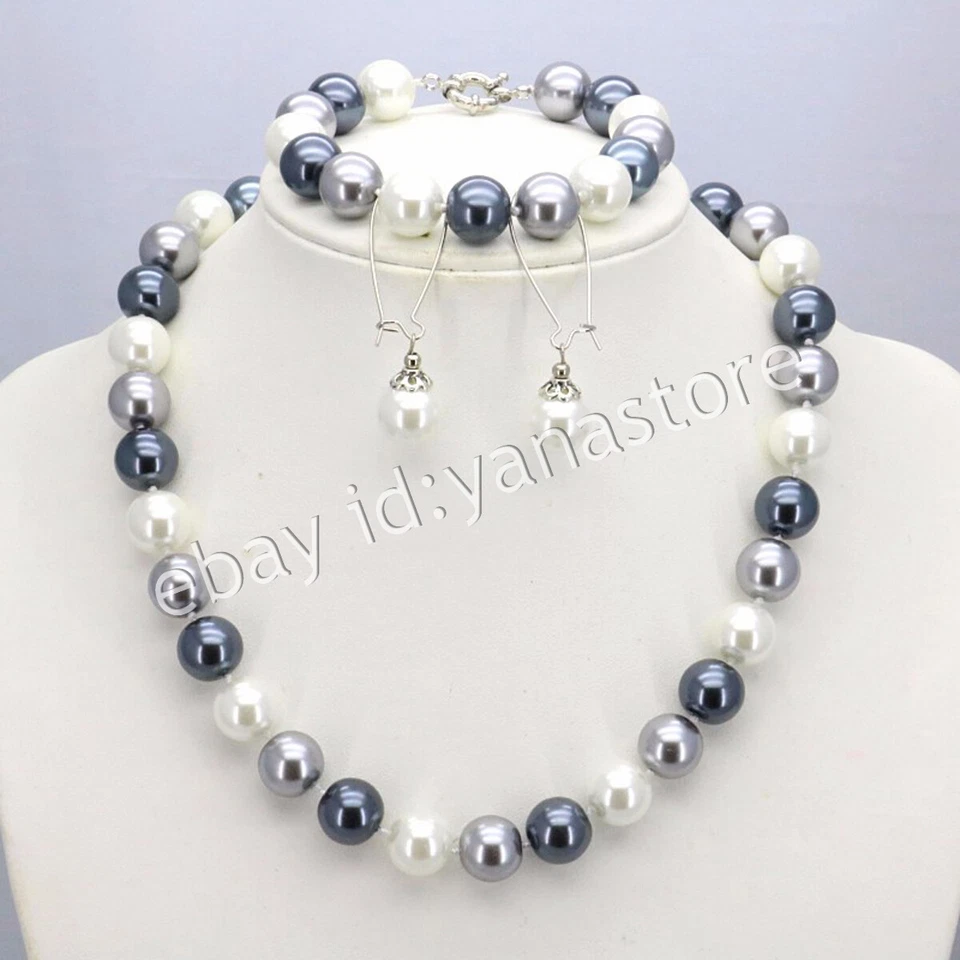 8/10/12mm Südsee Muschel Perle Rund Perlen Halskette Armband Ohrringe Set 18Zoll - Bild 4 von 4