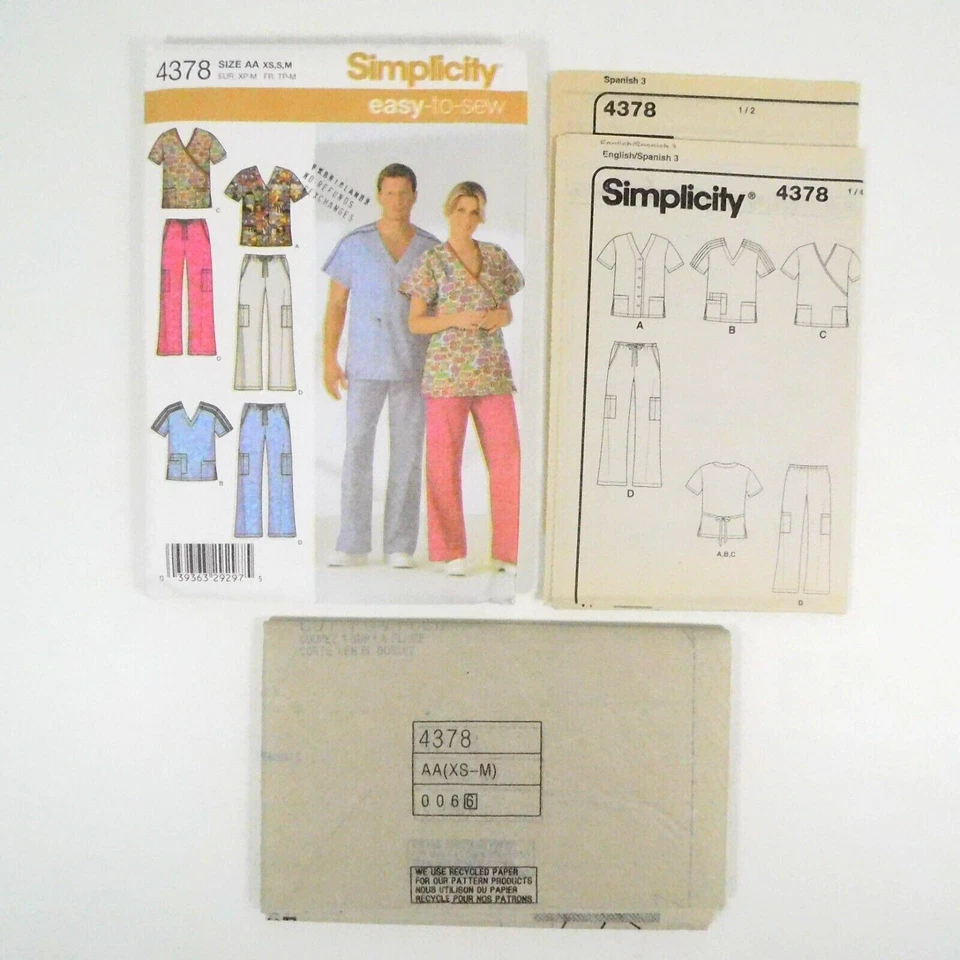 Simplicity 4378 Unisex Scrubs Tops Pants Pattern Size Uncut Pockets Drawstring - Image 2 of 4