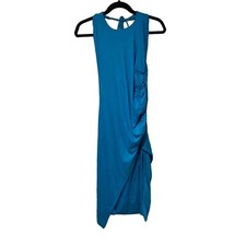NWT Fashion Nova size L blue midi dress with side slit, cinching, and halter top