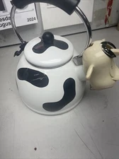 Vtg Cow Tea Kettle M Kamenstein Farm Enamel Whistling Teapot 1992 Bell Spots