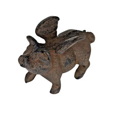 Rustic Cast Iron Flying Pig Statue with Wings - Garden & Desk Decor