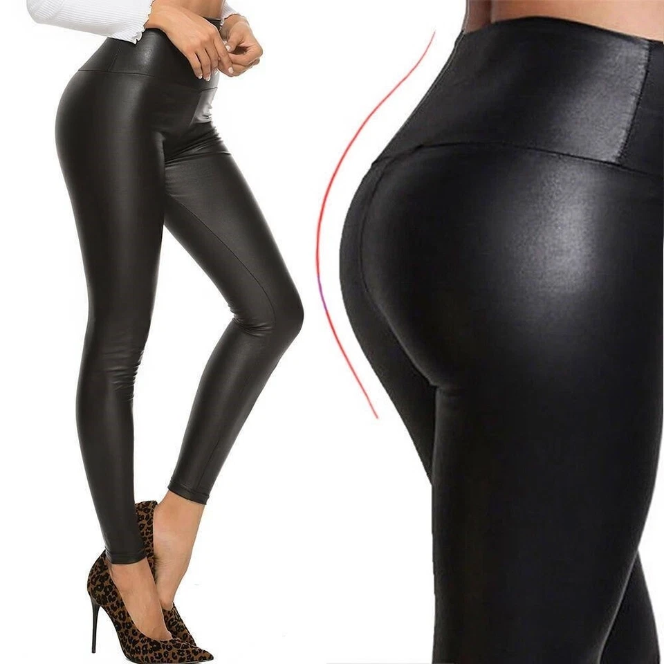 Leggings mate mate de imitación de cuero aspecto mojado brillantes ajustados longitud de tobillo*cintura alta Foto 3 de 4